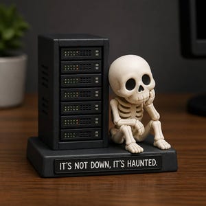 May include: A black server rack figurine with six drive bays next to a small, off-white skeleton figure resting its head on its hand. The base features a black plaque with the white text, IT'S NOT DOWN, IT'S HAUNTED, in a clean, sans-serif font.