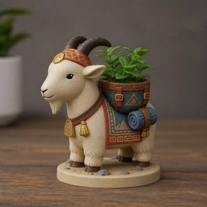 Könnte beinhalten: Eine cremefarbene Ziegenfigur auf einem runden Sockel. Die Ziege trägt einen gemusterten Kopfschmuck, ein braunes Halsband mit goldenem Anhänger und eine blaue Satteltasche mit einer kleinen grünen Pflanze. Ein blauer Schlafsack ist seitlich befestigt.