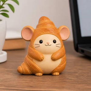 Croissant Mouse Desktop Figurine, Hand-Painted 3D Printed Miniature Collectible, Whimsical Bakery Decor