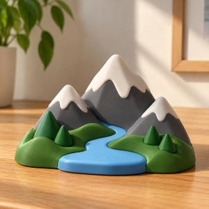 Puede incluir: Una escultura decorativa de cordillera con tres picos grises con cimas blancas nevadas, rodeada de colinas verdes y pequeños árboles cónicos verdes, con un río azul brillante que fluye a través del centro del paisaje.