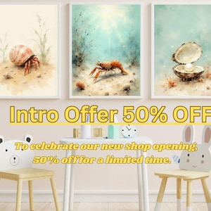 Coastal Nursery Art Prints: Neutral Sea Life, Oyster, Crab, Prawn (Digital Download)