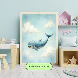 Vintage Blue Whale Nursery Art: Whimsical Pastel Ocean Print (Digital Download)