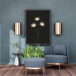 Minimal White Weeds Botanical Art – Elegant Soft Wildflower Trio, Black Background Print, Calm Nature Wall Decor, Digital Minimalist Floral