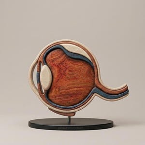 May include: A detailed wooden model of a human eye, showcasing its internal structure. The model features a cross-section view, with various colors highlighting different parts. It is mounted on a black circular base, ideal for educational or medical displays.