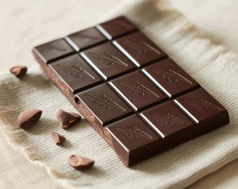 以下が含まれることがあります： ベージュ色の布の上に、12個の正方形に区切られたダークチョコレートバーが置かれています。チョコレートは光沢があり、各正方形には「DARK 70%」の文字がエンボス加工されています。チョコレートの破片がバーの周りに散らばっています。