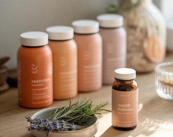以下が含まれることがあります： オレンジ、ピーチ、ピンクの白い蓋付きボトルと、「zenith wellness」の文字が入った小さな茶色のボトルを含む、ウェルネス製品のコレクション。小さなセラミックボウルには、ローズマリーとラベンダーの小枝が入っています。