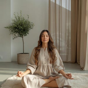 Puede incluir: Un vestido de lino beige con botones en la parte delantera y mangas tres cuartos. El vestido se lleva sentado sobre una alfombra color crema. Un pequeño árbol en maceta está en el fondo, junto con cortinas beige transparentes.
