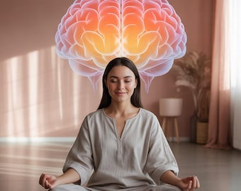 以下が含まれることがあります： 瞑想の姿勢で座り、目を閉じた女性。薄いグレーの服を着ています。彼女の上には、オレンジとピンクの色合いで光る、様式化された脳のイラストがあります。シーンは、ニュートラルな色調の柔らかく照らされた部屋に設定されています。