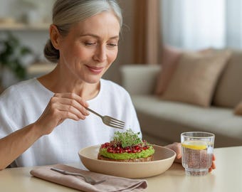 以下が含まれることがあります： 白いシャツを着た女性が健康的な食事をしようとしています。食事は、アボカドトーストにザクロの種と新芽をトッピングし、ベージュの皿に盛り付けられています。レモン入りの水が入ったグラスも用意されています。