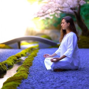 Puede incluir: Una persona vestida de blanco medita en un jardín sereno. La escena incluye un pequeño puente, un arroyo y un árbol con flores rosas. El suelo está cubierto de guijarros azules, creando un ambiente tranquilo.
