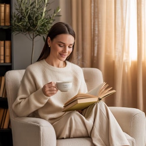 Puede incluir: Una persona sentada en un sillón crema, leyendo un libro y sosteniendo una taza de té Earl Grey. La taza tiene la inscripción 'Earl Grey'. La persona lleva un jersey y pantalones color crema. La habitación está iluminada con luz natural.
