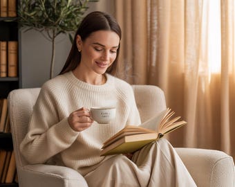 以下が含まれることがあります： クリーム色の肘掛け椅子に座り、本を読みながらアールグレイティーのマグカップを持っている人。マグカップには「Earl Grey」と書かれています。クリーム色のセーターとズボンを着用。部屋は自然光で照らされています。