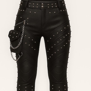 Studded Leather Biker Pants: High Waist Moto Trousers with Spine Detail
