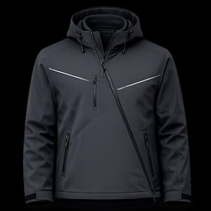 Puede incluir: Chaqueta con capucha gris oscuro con cremallera diagonal y múltiples bolsillos. La chaqueta presenta rayas plateadas reflectantes en el pecho y los brazos. El diseño incluye un cuello alto y una silueta ajustada, adecuada para actividades al aire libre.