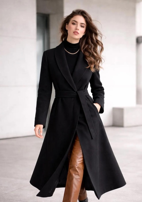 Outerwear Ladies Black Wool Winter Coat Womens Black Fit And Flare Dress  Coat 1980#black XL