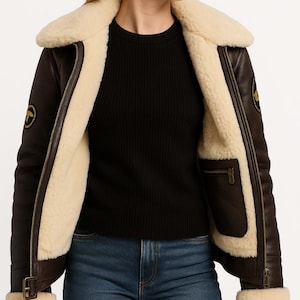 Vintage Shearling Leather Bomber Jacket for Women Urban Streetwear winter Sheep Leather jacket Real Leather Shearling Aviator Jacket Women