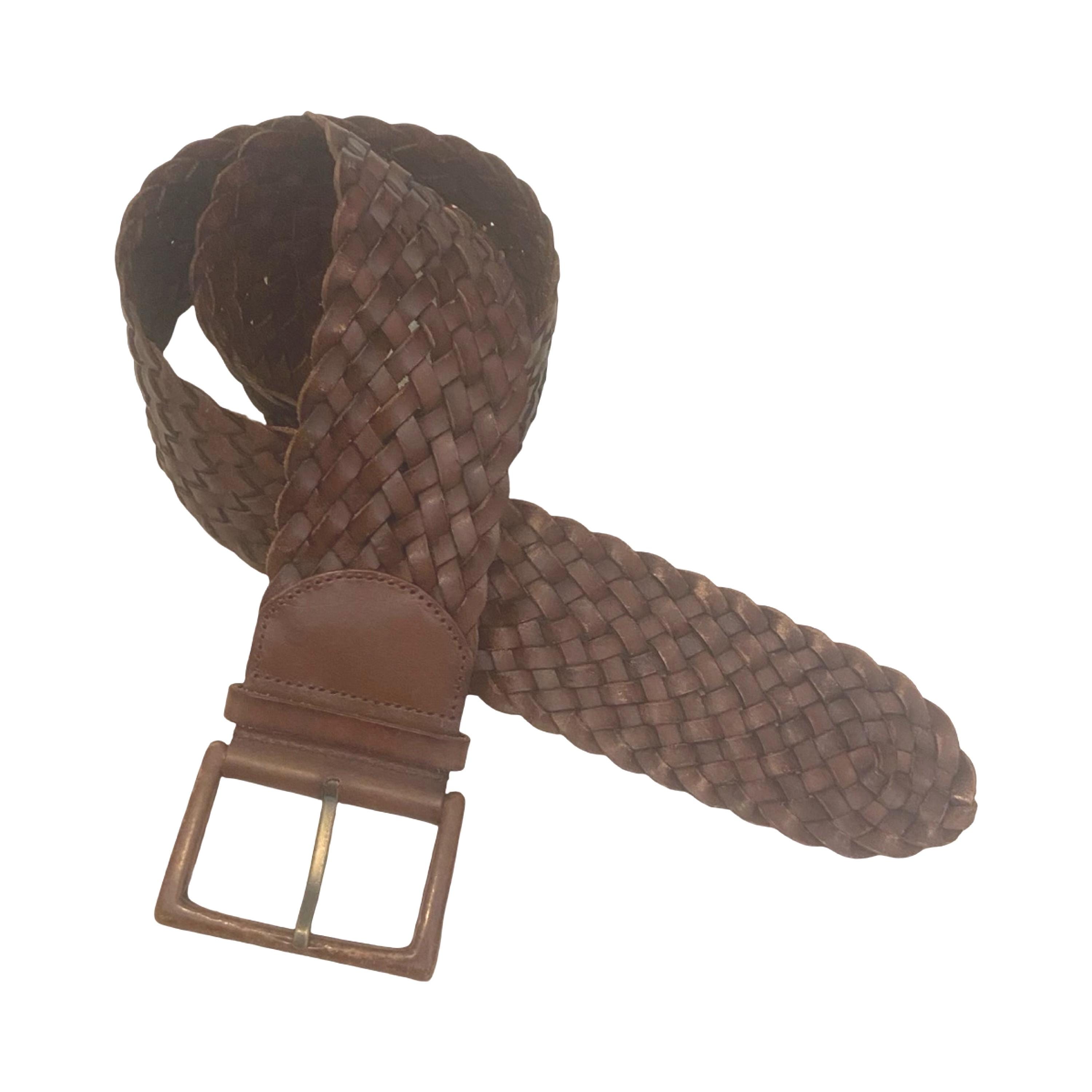LINEA PELLE Braided Leather Medium Wide Belt Adjustable Waist Brown Gold Size M Woven Braided Leather Belt Linea Pelle Wide Tan Handmade  main image 3