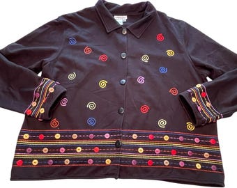 Vintage Coldwater Creek Black Embroidered Swirl Button Up Jacket Womens XL Retro