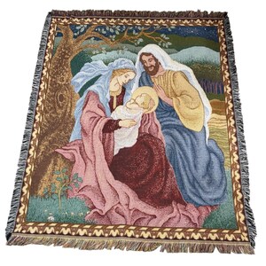 Vintage American Weavers 90-tals gobelängfilt USA Heliga familjens födelse