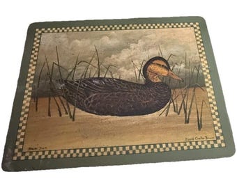 Mantel individual vintage Pimpernel con reverso de corcho, pato negro, David Carter, cabaña marrón rústica