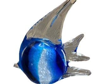 Art Glass Angel Fish Hand Blown Murano Style Paperweight Figurine Blue 6" Blue