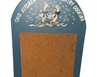 Vintage ganzen uit 1988, deze keuken memohouder kurkbord blauwe boerderij