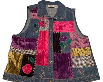 vintage Susan Bristol Patchwork Denim Vest brodé à la main Floral grand des années 90