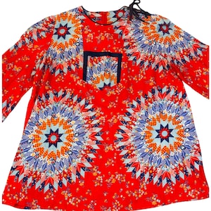 Top vintage anni '70 Jori California, taglia 14, rosso, patchwork, stampa trapuntata, cotone, stile hippie