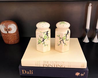 Vintage Moriyama Hand Painted Green Cherry Blossom Salt and Pepper Shakers from Japan