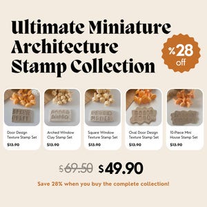 Op de afbeelding: Afbeelding van de "Ultimate Miniature Architecture Stamp Collection". Het toont vijf stempelsets: Door Design, Arched Window, Square Window, Oval Door Design en 10-Piece Mini House. Elke set bevat een stempel en kleistukken. De collectie is afgeprijsd.