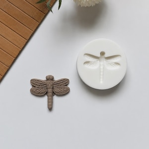 May include: A brown dragonfly-shaped mold and a white circular mold with a dragonfly imprint. The dragonfly mold is a detailed, three-dimensional design. The white mold has a smooth surface with a recessed dragonfly shape.
