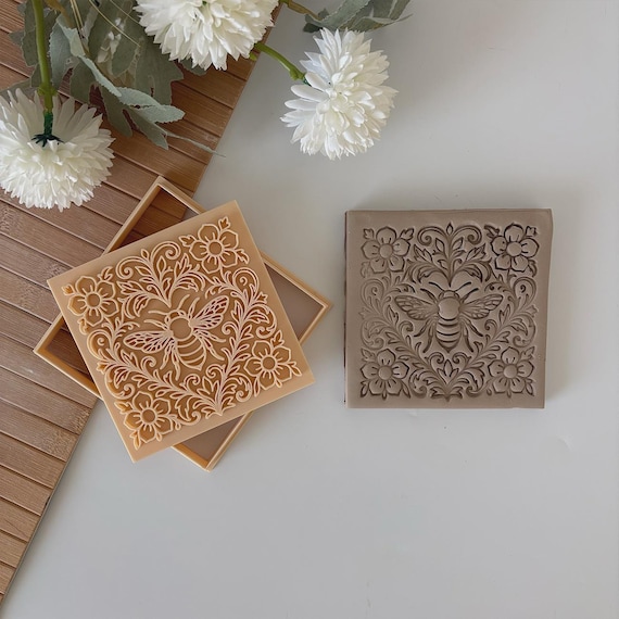 Bee & Floral Ornament Square Tile Cutter Stamp Set - 10 cm (4") for Pottery