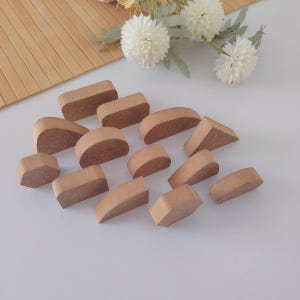 Può includere: Una collezione di piccoli blocchi di legno marrone chiaro in varie forme geometriche, tra cui rettangoli, semicerchi e triangoli. I blocchi sono disposti su una superficie bianca, con un tappetino di bambù e fiori bianchi sullo sfondo.