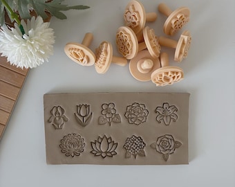 9-Piece Botanical Stamp Set with Handles - Floral Pottery Tools (3 cm / 1.2" Pattern)