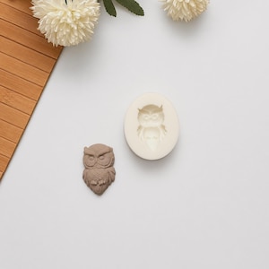 Pode incluir: Um molde em forma de coruja castanha e uma estatueta de coruja acabada estão sobre uma superfície branca. O molde é oval e a estatueta é detalhada. Flores brancas decorativas e uma superfície de madeira no fundo.
