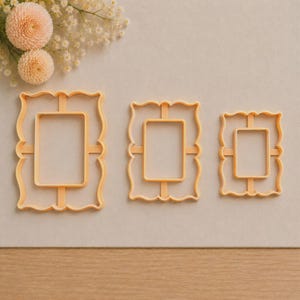 Può includere: Tre tagliabiscotti in plastica color arancione chiaro a forma di cornice rettangolare con bordi decorativi smerlati. Ogni tagliabiscotti presenta un'apertura rettangolare centrale sostenuta da quattro sottili barre orizzontali e verticali.