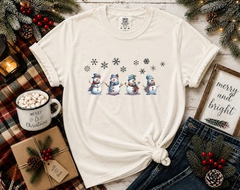Watercolor Snowman Shirt, Blue Winter Snowflake Tshirt, Painted Snowmen Tee, Soft Winter Art Shirt, January Cold Weather Gift Top