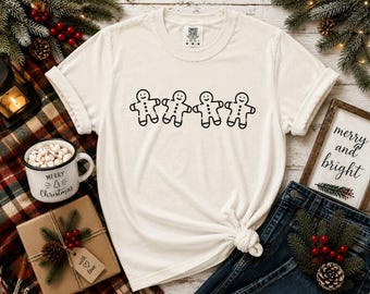Gingerbread Men Holding Hands Shirt, White Outline Christmas Tshirt, Cookie Row Holiday Tee, Single Color Print Xmas Shirt Top
