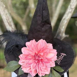 Ember Bloom Black Witch Hat with Coral Dahlia Flower and Feather | Handmade Statement Piece