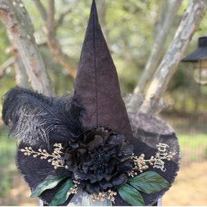 Velmora Noir Black Witch hat with statement Bloom, Feather & embroidered detail | Handmade OOAK