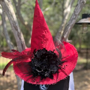 Könnte beinhalten: Ein spitzer roter Hut mit ausgefranster Krempe, verziert mit einer großen schwarzen Stoffblume, schwarzen Federn und kleinen schwarzen Perlen. Der Hut befindet sich über einem schwarzen Kleidungsstück mit dem weißen Text MOONSPELL HOLLOW und einem Hutsymbol.