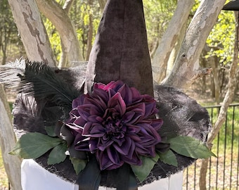 Plum Dahlia Witch Hat with Key – Handmade Black Gothic Statement Hat