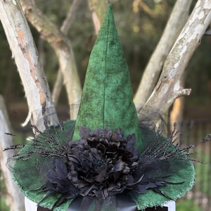Deep Green & Black Witch Hat – Handmade Gothic Statement Hat