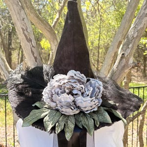 Black and Grey Witch Hat with Skeleton Key - Feather  | Handmade Gothic Statement Hat