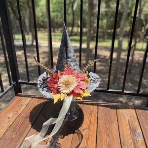 Mabon Mist - Handmade Autumn Witch Hat with Feathers & Fall Foliage