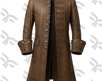 Handmade Pirate Brown Leather Coat Men Victorian Pirate Coat Captain Jack Cosplay Halloween Cosplay Costume Gothic Coat Captain Pirate Coat