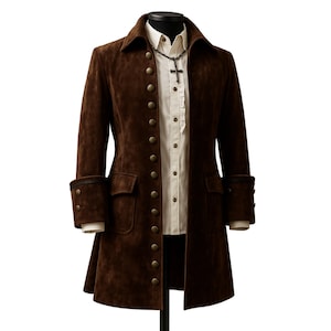 Puede incluir: Un abrigo de ante marrón con botones de latón y cuello con solapas. El abrigo se exhibe en un maniquí, combinado con una camisa blanca y un collar con colgante de cruz. El abrigo tiene dos bolsillos delanteros y puños abotonados.