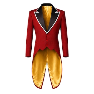 May include: A red tailcoat with a black collar and white trim. The interior lining is gold. The coat has three red buttons and a split tail design. This formal jacket is suitable for theatrical performances or special events.