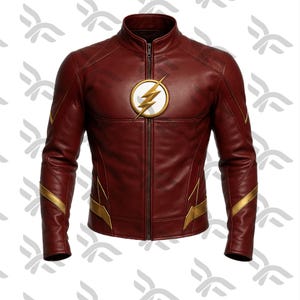 May include: A burgundy leather jacket with a full-length zipper and a stand-up collar. The jacket features gold accents on the shoulders and sleeves, and a circular emblem with a gold lightning bolt on the chest.