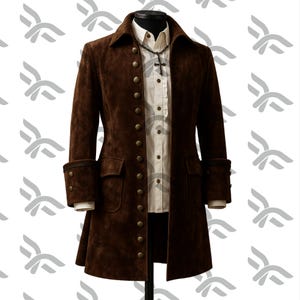 Handmade Pirate Brown Suede Leather Coat Men Halloween Cosplay Costume Victorian Gothic Coat Captain Pirate Coat